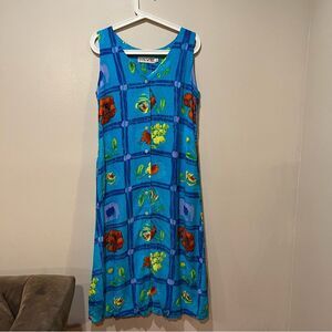 Jams World Midi Dress Turquoise Blue Floral Artsy Sundress w. Pockets Sz S
